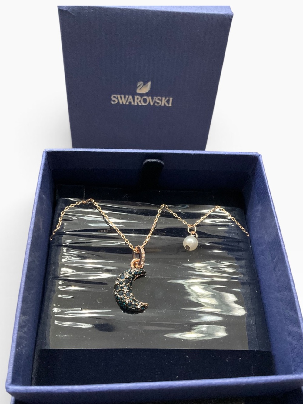 Swarovski Rose Gold Teal Moon Pendant Necklace NWT NIB